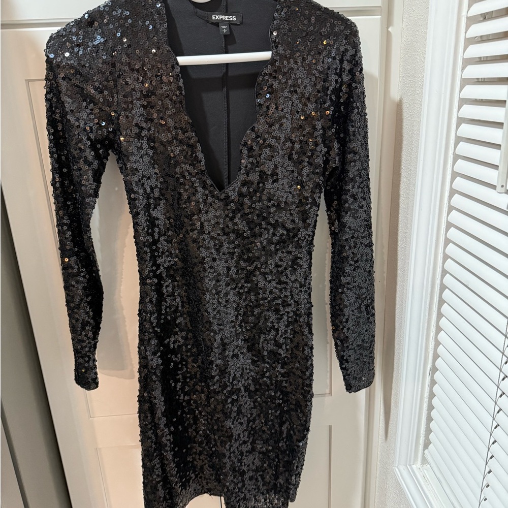 Express Sparkling Black Sequin Long Sleeve Dress
